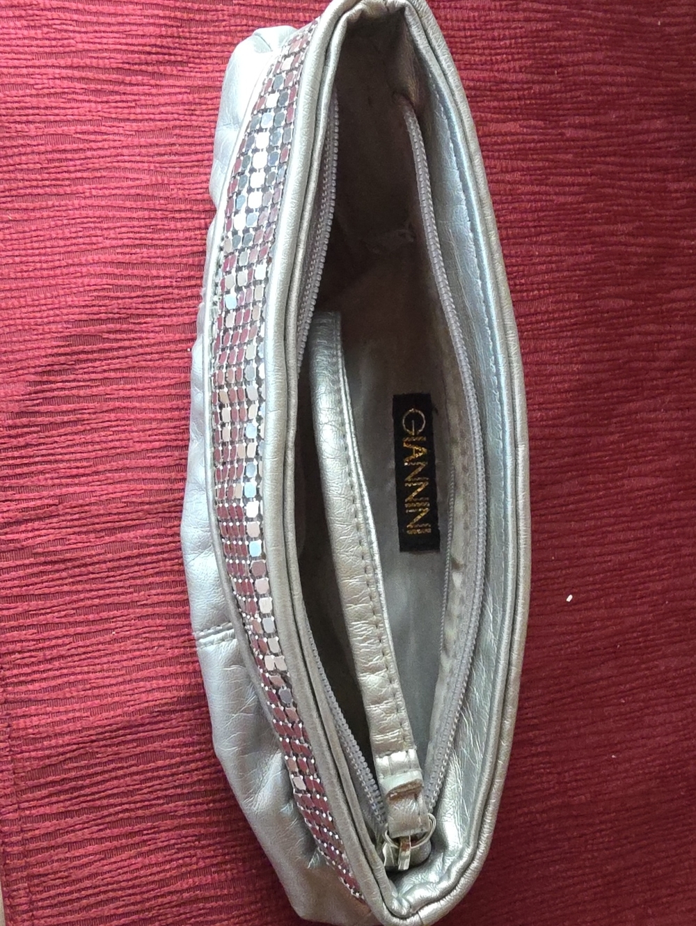 Gianni Silver Metallic Mosaic-Trim Wristlet Clutch
